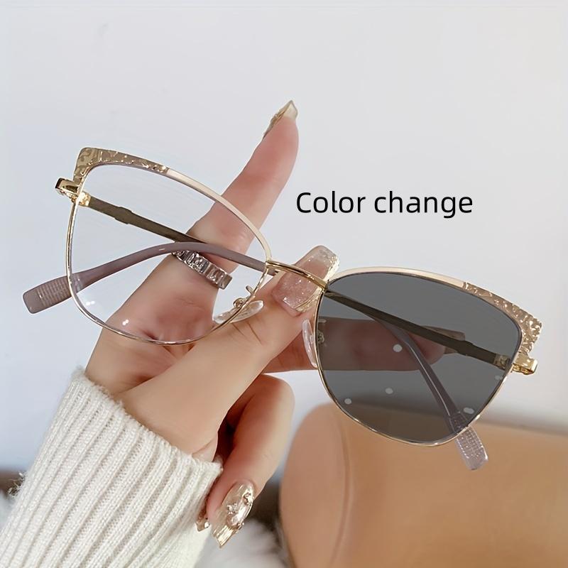 1Pcs Fashionable New Cat Eye Frame Women'S Trendy Metal European And American Flat Mirror Color Changing Anti Blue Light Glasses