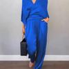 Fall Solid-Color Satin Short-Sleeve Women's Fashion Top and Pants Set