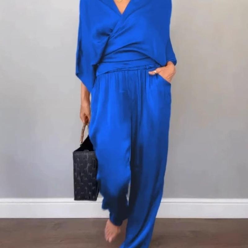 Fall Solid-Color Satin Short-Sleeve Women's Fashion Top and Pants Set
