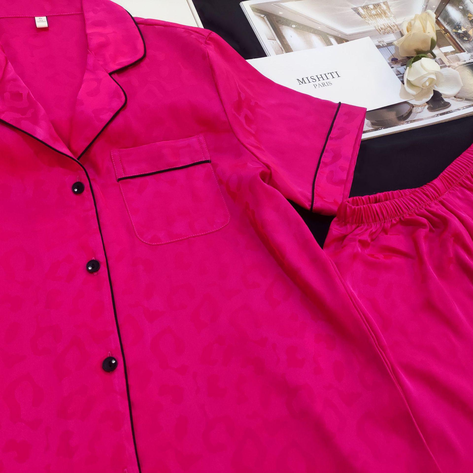 Ice Silk Short Sleeve Pajama Set with Long Pants Women s XL