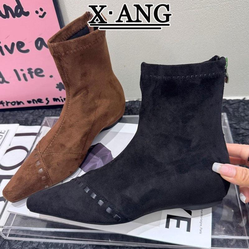 Cowhide version Maillard boots women's elastic thin boots Martin boots women's small square head rear zipper short boots fashion boots