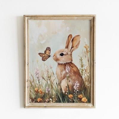 Easter Bunny Canvas Wall Art Decoration Posters, Spring Bunny Art, Farmhouse Neutral Wall Decor, Rustic Easter Print Art