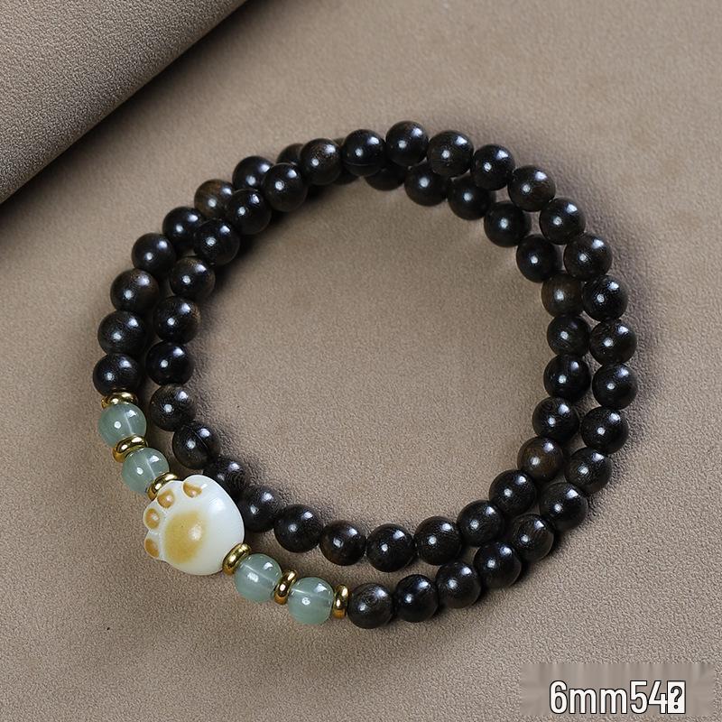 Bodhisattva Agarwood Bracelet: Double Circle Lotus & Cat Paw Beads, Jade Accents, Women's Prayer & Literary Play Accessory