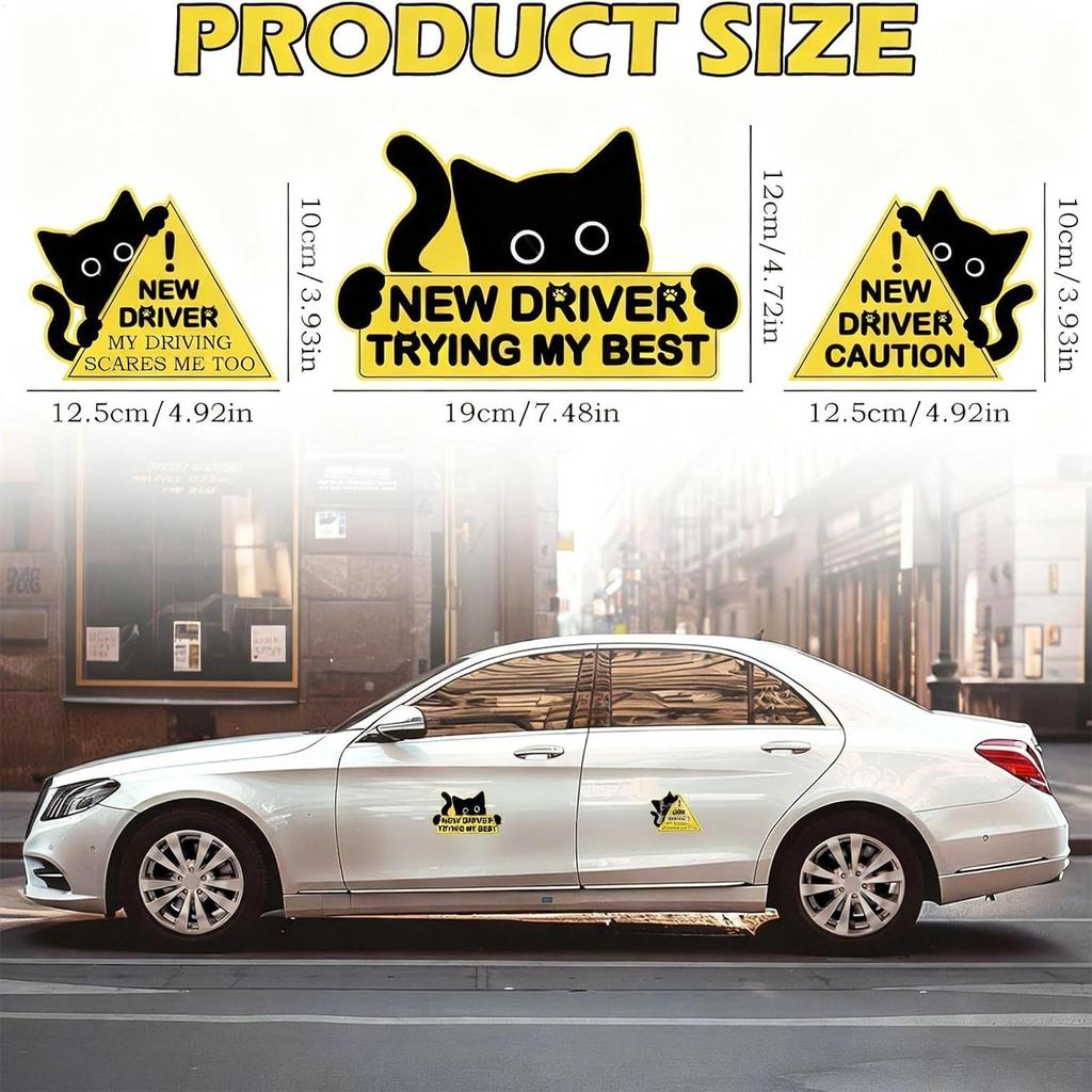 New Driver Sticker Funny 3 Pieces Black Cat Automotive Decal Vehicle Decoration Decals For Drivers Road Trips Daily Commuting