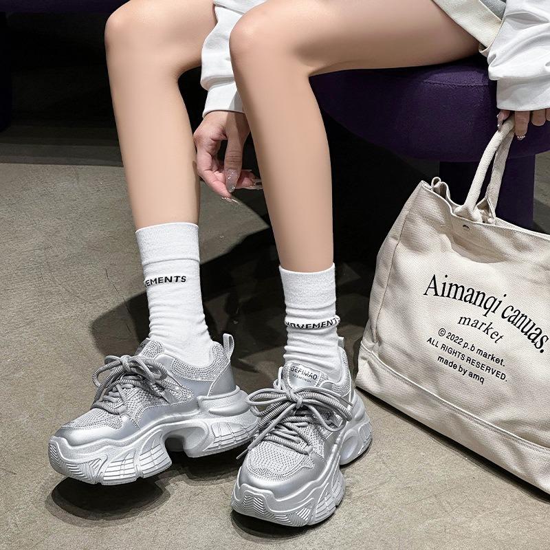 7 Inner Height Increase Dad Shoes Women's Spring and Summer Rhinestone Muffin Thick-soled Small Leather Casual Sports Shoes