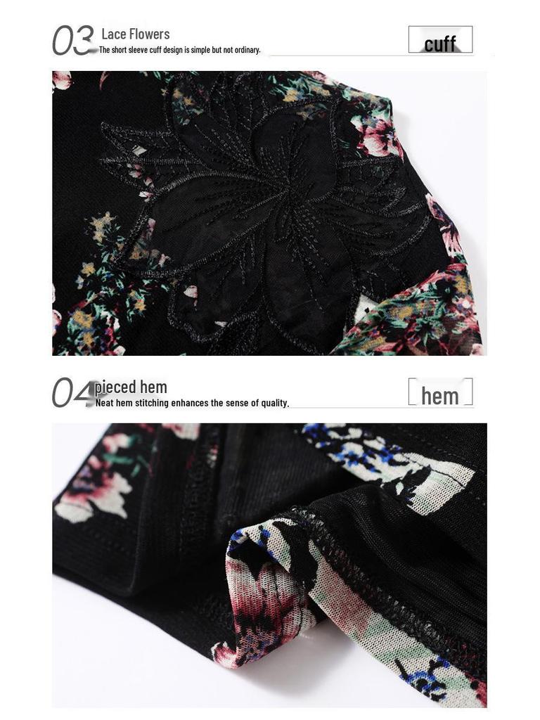 Women's Lace High-Neck Printed Mesh Top - Stylish Spring/Summer Fashion