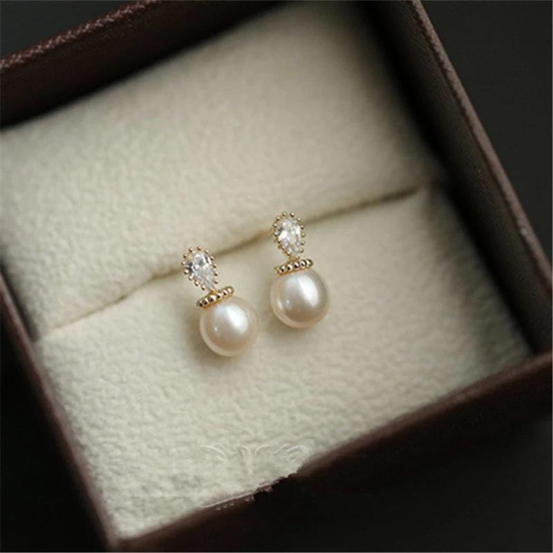 

S925 Sterling Silver Pearl Teardrop Diamond Stud Earrings - Minimalist Light Luxury Design for Women 925 Silver
