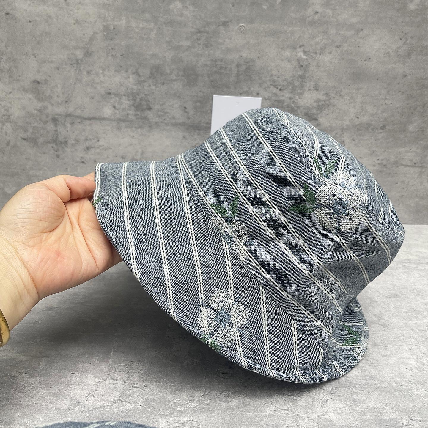 

White Fog Blue Striped Flower Embroidery Cotton And Linen Bucket Hat Women S Casual Chic Pot Hat M（56-58cm）