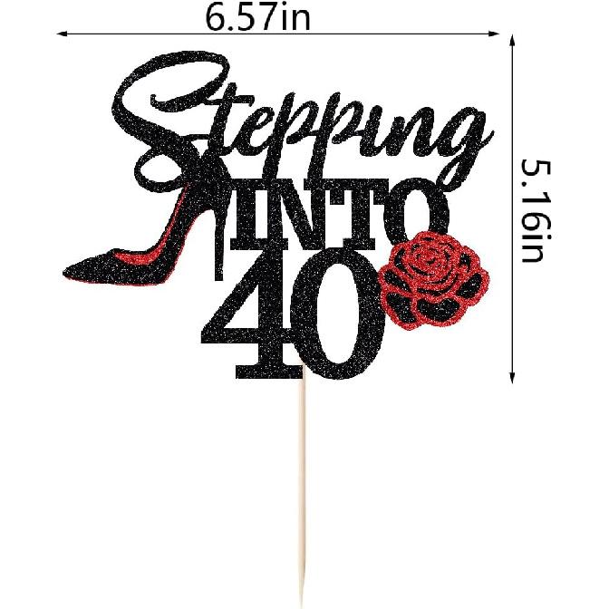 Stepping Into 40 Cake Topper,Still Fabulous at 40 Cake Decor,Funny Happy 40th Birthday Party Supplies,Highheel Rose Sign Cheers to 40 Years Black Red