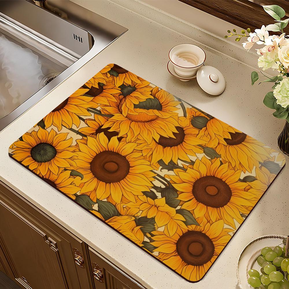 Yellow Sunflower Retro Draining Pad Drying Mat For Kitchen Bar Coffee Dishes Rubber Quick Drying Water Absorbent Anti-slip Mat