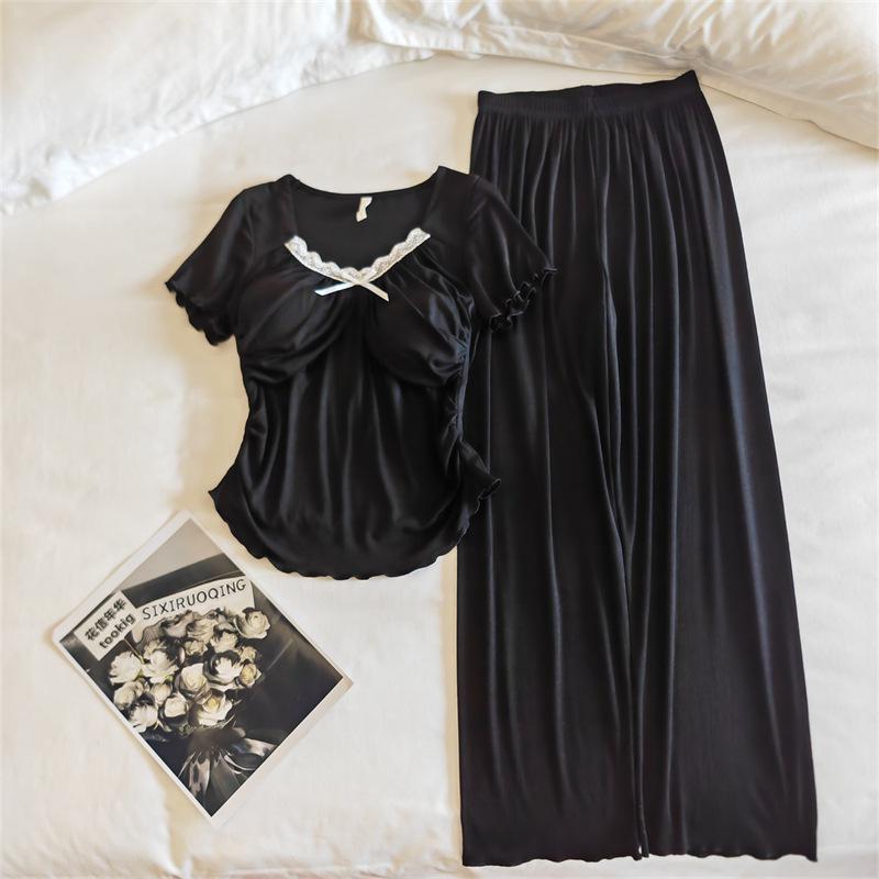 Women's Modal Pajama Set: Summer Short Sleeve & Long Pants with Chest Pad
