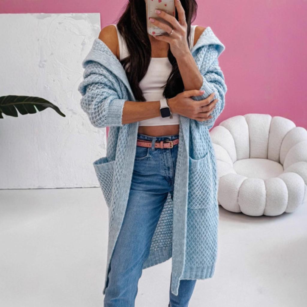 Sweater for Women In Autumn and Winter Solid Color New Loose Hooded Long Pocket Knitted Cardigan Pocket Jacket