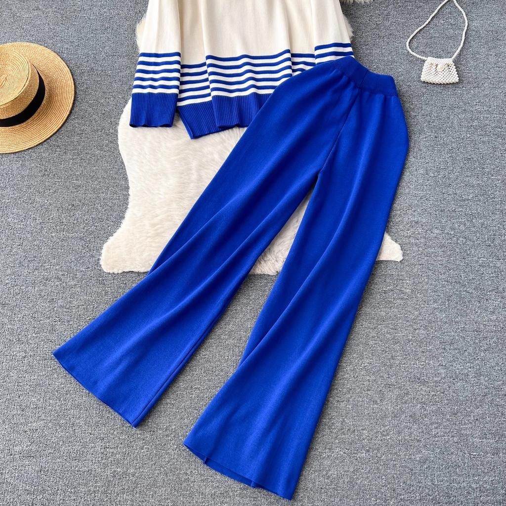 Toamnă Iarnă Femei Grătul cu mâneci lungi Pulover tricotat în dungi Topuri + Pantaloni largi Costume Set două piese Tinute femei