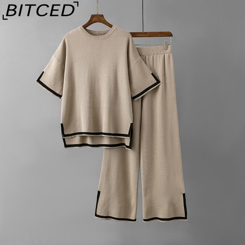 

Модный комплект: стильный вязаный свитер контрастного цвета с короткими рукавами + обтягивающие широкие брюки с высокой талией и длинные брюки, комплект из двух предметов One size темные хаки