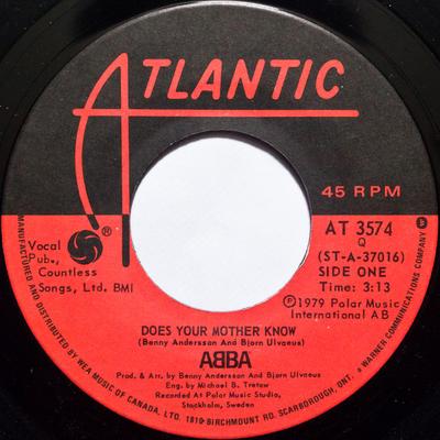 Disque 7 pouces ABBA - Does Your Mother Know / Kisses Of F AT3574 Atlantic 1979 Canada Soul/Funk Occasion