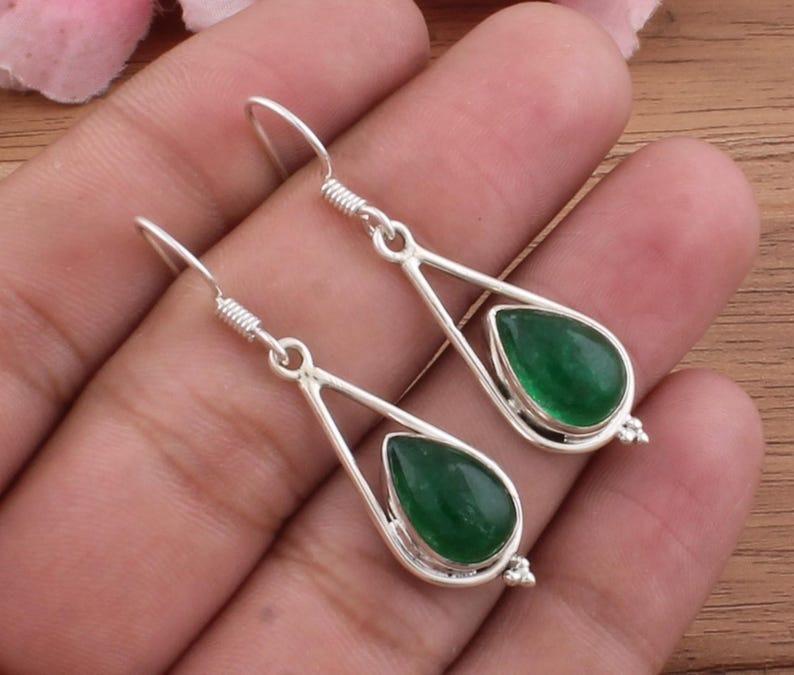

Solid 925 Sterling Silver Green Jade Handmade Dangle Drop Earring Long Dangle Earring Gift For Her