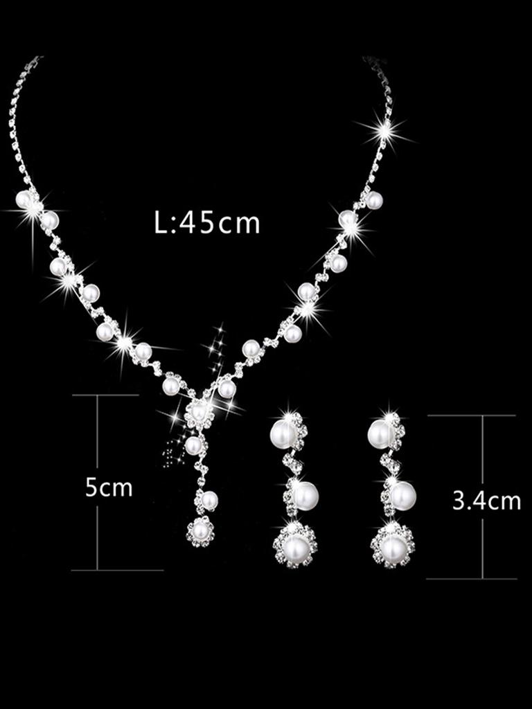 Set de 4 piezas de joyería para novia, collar de perlas y pedrería, pendientes, pulseras, accesorios para vestido de cena