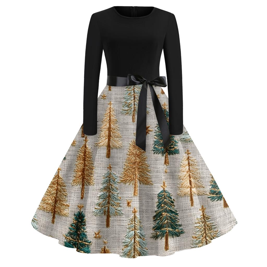 Women's Casual Vintage Christmas Print Neck Dress for Holiday Party