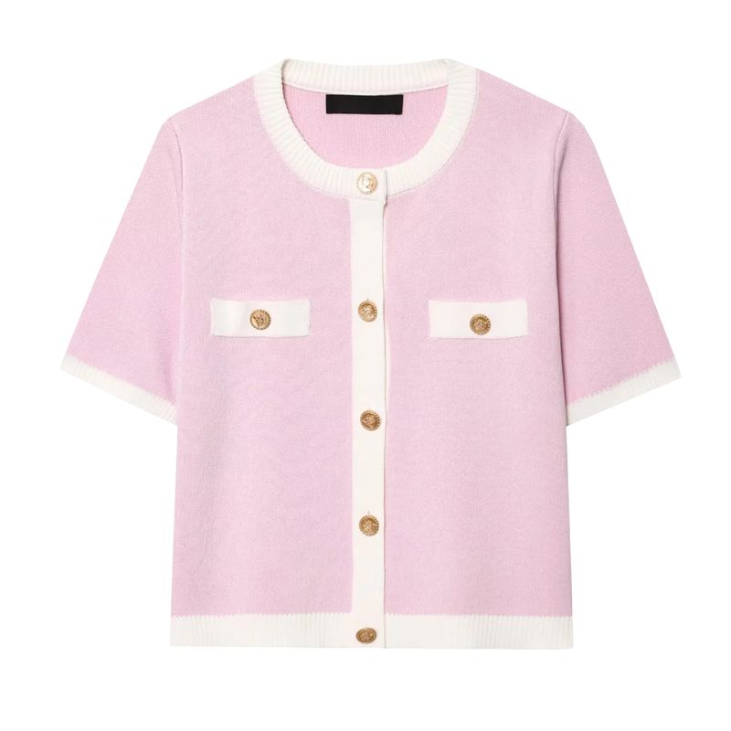 Summer New Women clothes Graceful Simple Golden Breasted Long sleeve round Neck Short Knitted Outerwear 1822006