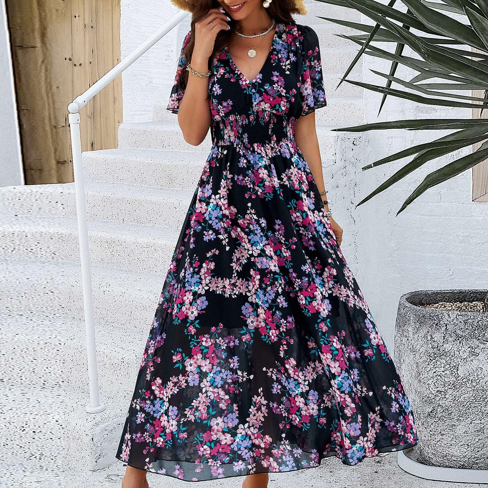 

Длинные струящиеся платья Omen s Bohemian с V-образным вырезом и короткими рукавами, приталенные летние платья с цветочным принтом XL чёрный