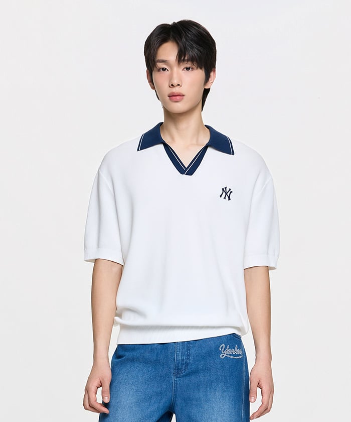 Emelbi Varsity Tuck Knit Open Collar Short Sleeve Knit Ny (Ivory)