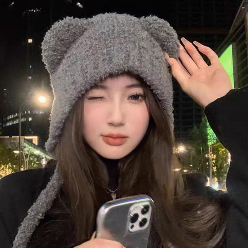 Autumn And Winter Cute Bear Plush Hat Women'S Able Warm Woolen Hat Large Head Circumference Ear Protection Hat