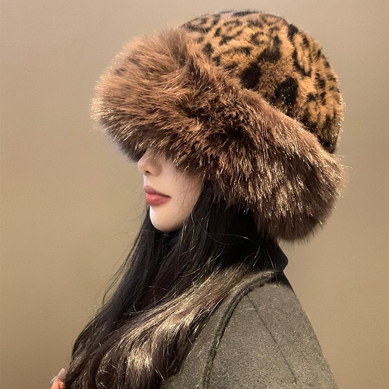 Winter Leopard Plush Ear Protection Cap Windproof Keep Warm Headgear Fluffy Fur Fisherman Hat Outdoor Warm Brimless Caps