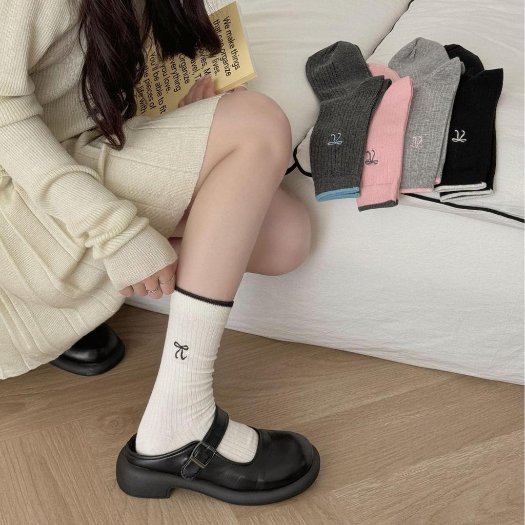 Gray-Blue Striped Embroidered Bow Socks for Women – Korean Ballet Style, Trendy All-Match Socks