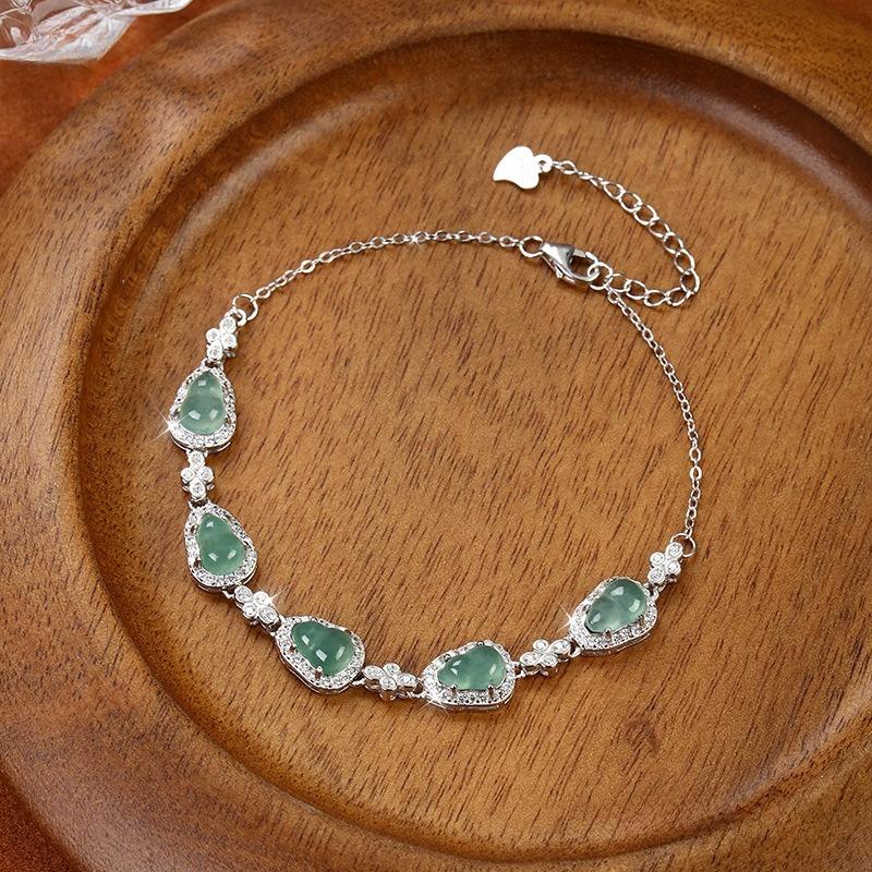 Natural Blue Water Jadeite Dangerous Material Gourd Bracelet Sterling Silver S925 National Tide Wind Burst Exquisite High-end Chain Light Luxury