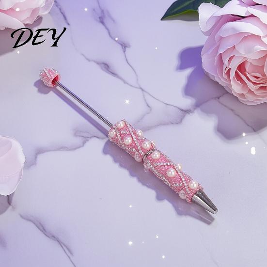 Creative Gift for Women DIY Beadable Pen, Bling Rhinestones And Faux Pearls Beaded Office Desk Accessories Black Ink Ballpoint Pen School Supplies