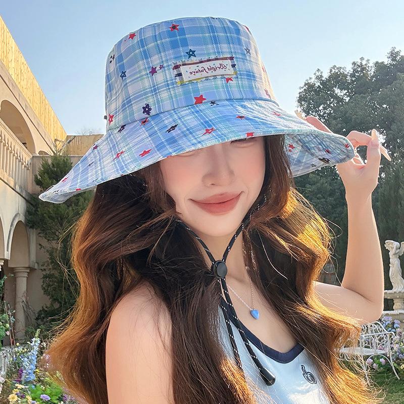Fresh and Simple Plaid Hat, Two-way Wear Fisherman Hat for Women, Spring and Summer Travel Large Brim Sun Hat, Outdoor Sun Protection Hiking Hat