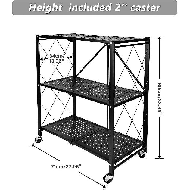 

HealSmart 3-Tier Foldable Metal Rack, 27.95 D x 13.39 W x 33.85 H Storage Shelving Unit with Wheels Moving Organizer Shelves for Garage Kitchen, 3-Shelf