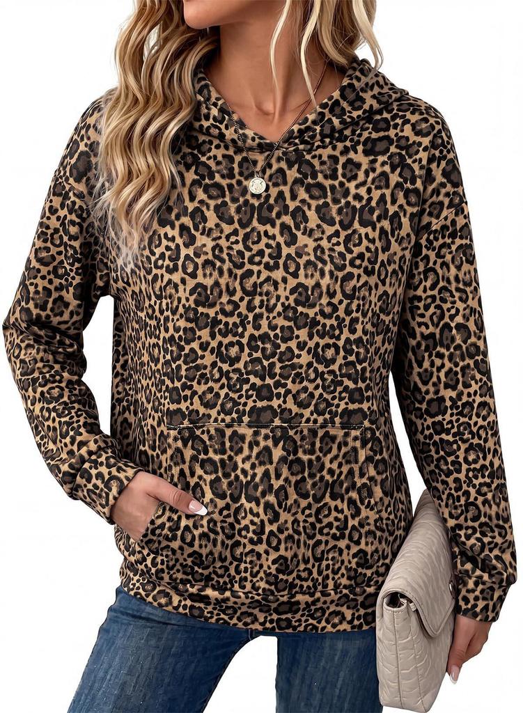 Europeisk & Amerikansk Dam Hoodie med Leopardmönster, Lös Passform - Höst/Vinterkollektion 2026