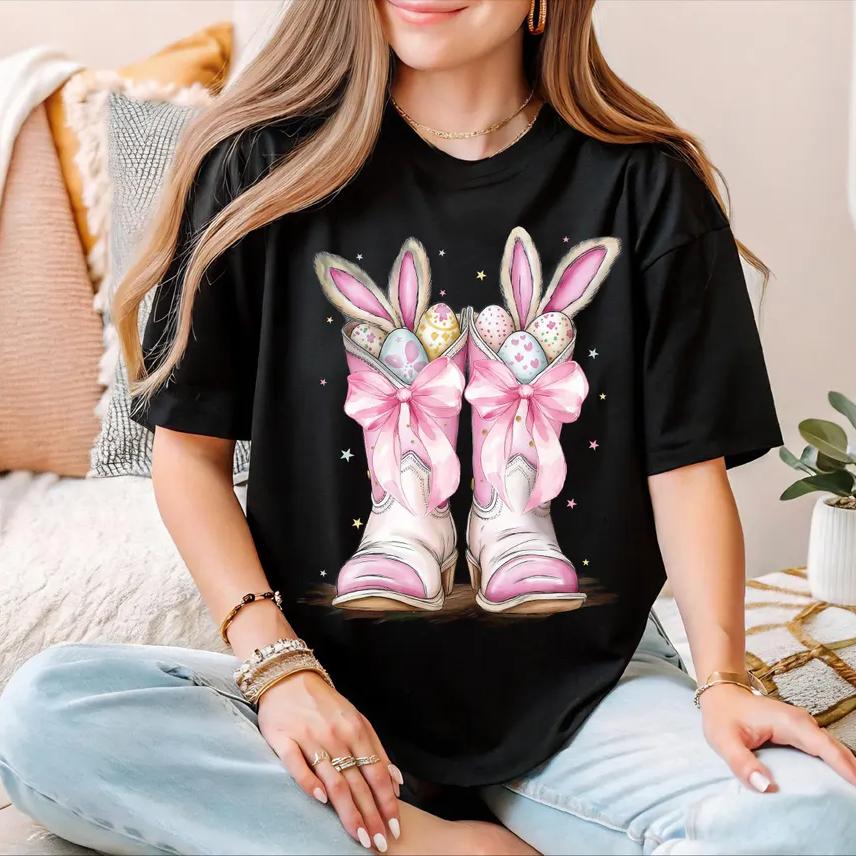 Easter Bunny Boots Tshirt Cute Bunny Ears  Eggs Shirt Spring Easter Sweater Pastel Easter Shirt Happy Easter Shirt S