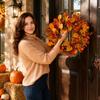 50cm Autumn Maple and Currant Artificial Leaf Wreath with Mixed Leaf Shapes and Berry Accents for Seasonal Home Decoration