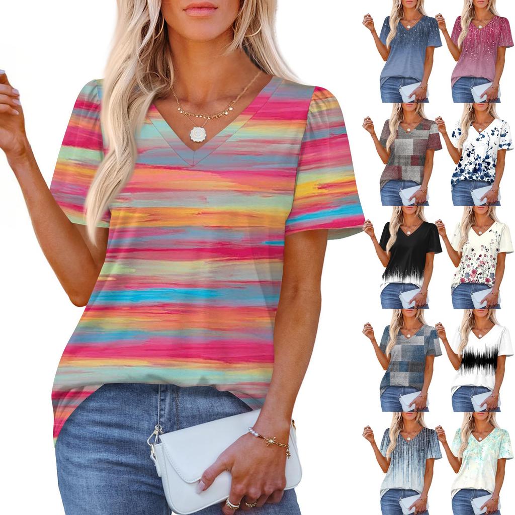 Dame Moteable Casual Kortermet Trykk V-hals Pullover Topp