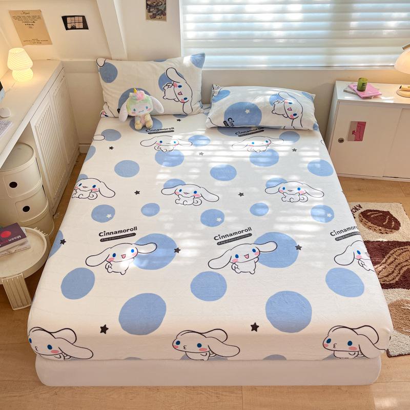 Sanrio Thick Warm Milk Velvet Fitted Sheet - Cute KT Cat, Kuromi & My Melody Design