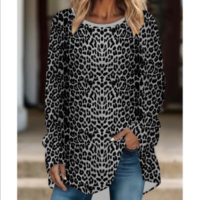 Plus Size Women Fashionable Personality  Leopard Printed Comfy Long Sleeve Round Collar T-shirt Casual Baggy Mid Length Tee Tops