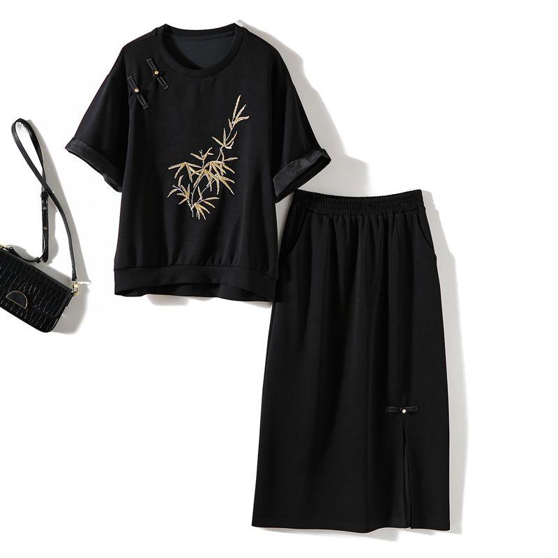

Модный костюм с золотой вышивкой и листьями бамбука! Женская футболка с коротким рукавом из смесового хлопка с круглым вырезом и юбка с эластичной талией в стиле Харадзюку Black 4XL