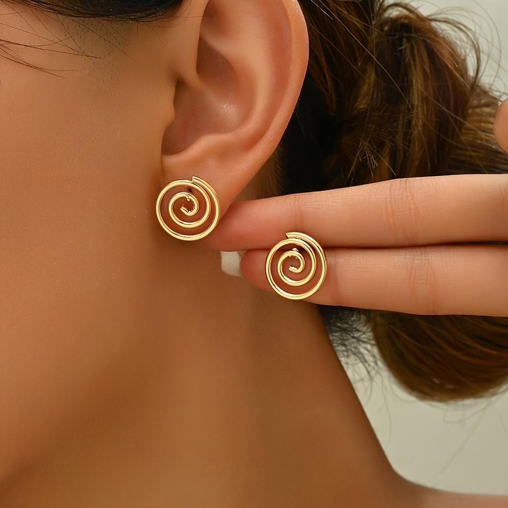 Small Spiral Line Geometric Stud Earrings, Fashionable Creative Design, Minimalist Daily Jewelry for Women, 1 Pair