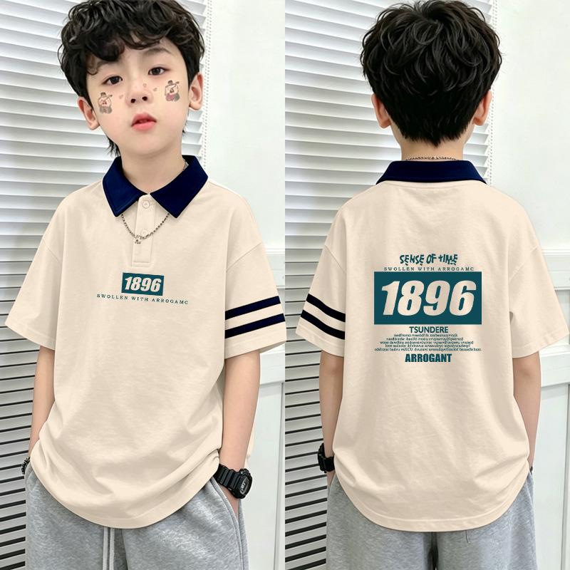 Boys' Cotton Color Block Polo Shirt - 2026 Summer Patchwork Lapel T-shirt for Medium & Large Children