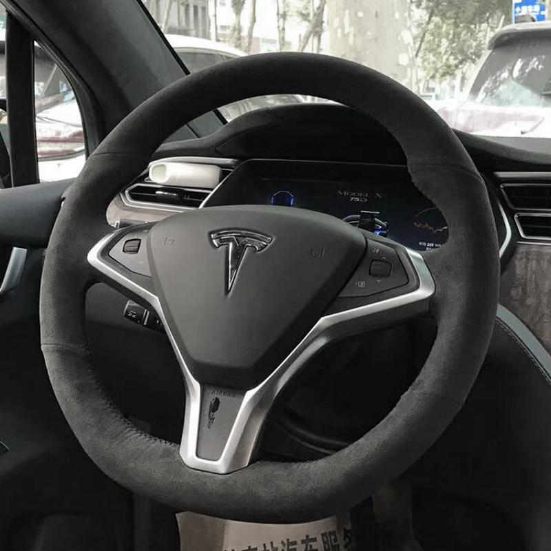 For Tesla modelS Model X Model 3 DIY Custom Leather Suede Steering Wheel Cover Car Wheel Cover Interior