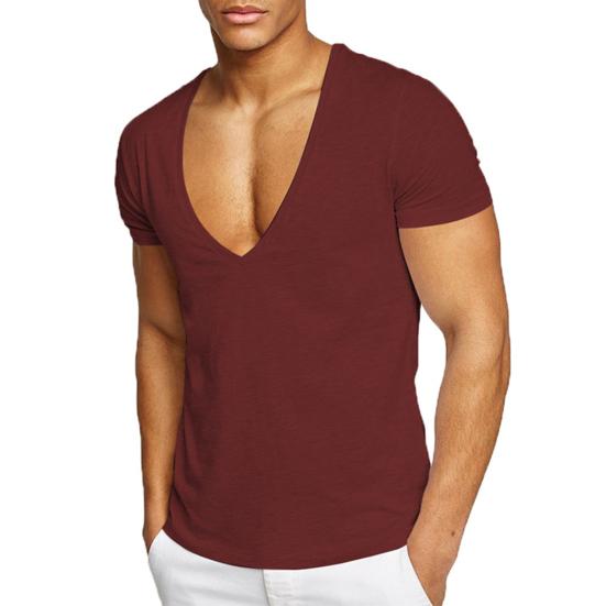 Men T-shirt Deep V Neck Solid Color Slim Fit Pullover Thin Workout Sweat Absorption Mid Length Sports Top Men Clothes
