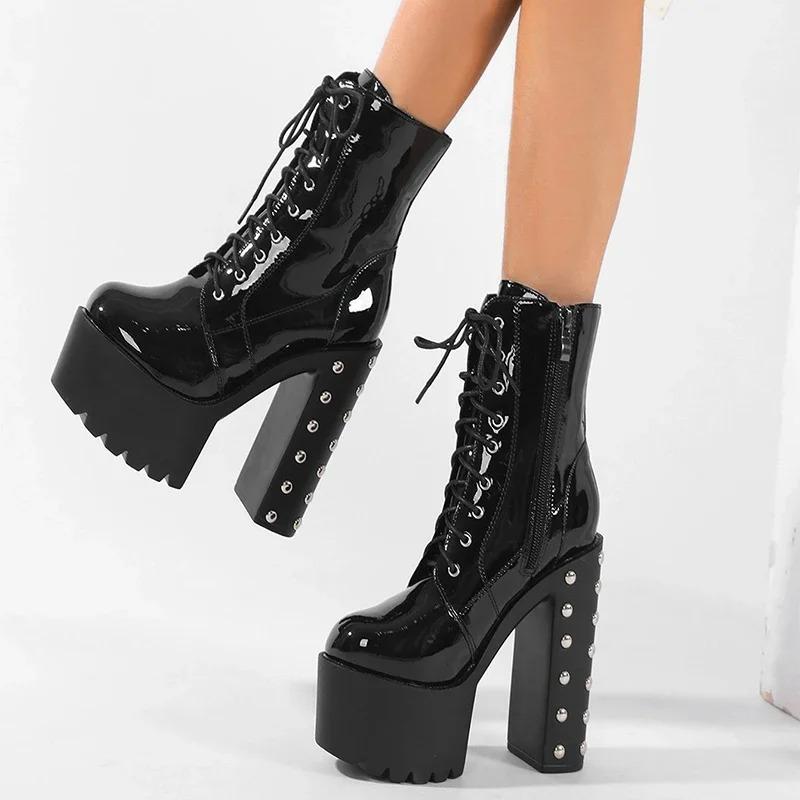 Eilyken Winter Designer Rivet Patent Leather Zipper Women Ankle Boots Platform Round Toe Square Heels Shoes Botines De Mujeres