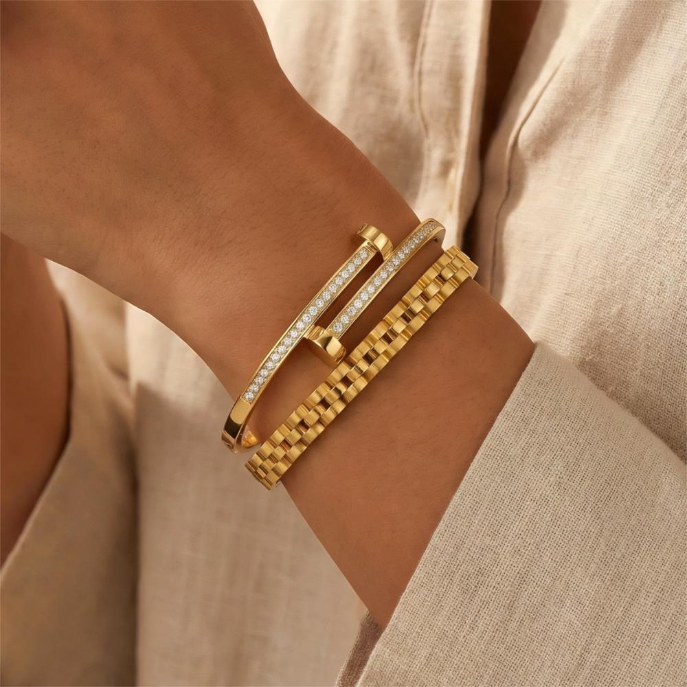 Chic Studded Nail Watch Band Style Stainless Steel Bangles for Women Men 18K PVD Gold Plated Statement Non-tarnish Jewelry Gift