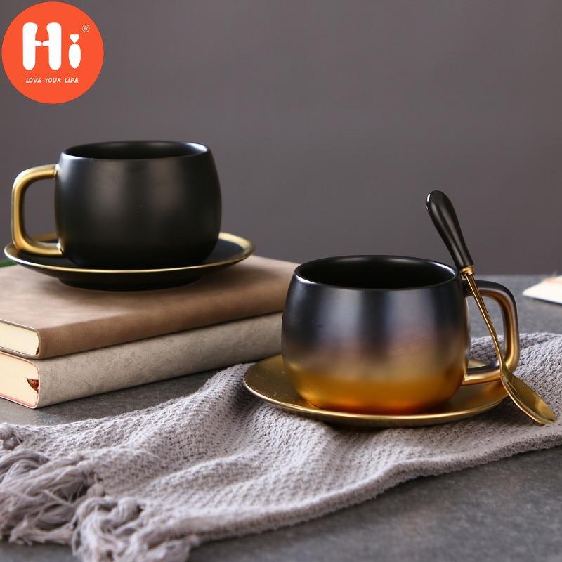 Hi Ceramic Light Luxury Simple Matte Black Gold Champagne Coffee Cup with Saucer Spoon Set Unique Travel Couple Teacup Milk Mug