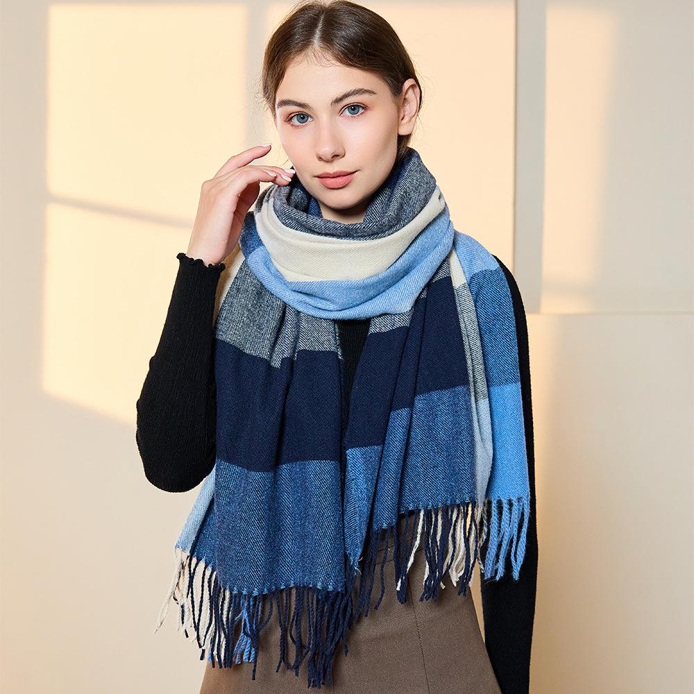 Warm Women's Scarf Winter Imitation Cashmere Color Block Plaid Shawl Long Tassel Fashion Scarf Scarf