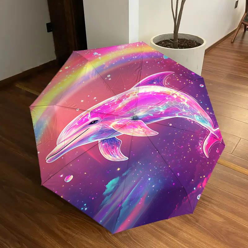 

Rainbow Dolphin Automatic Folding Umbrella: Portable 3-Fold Design with Iron Frame - Perfect for Fans, Travelers, Everyday Use, and Festive