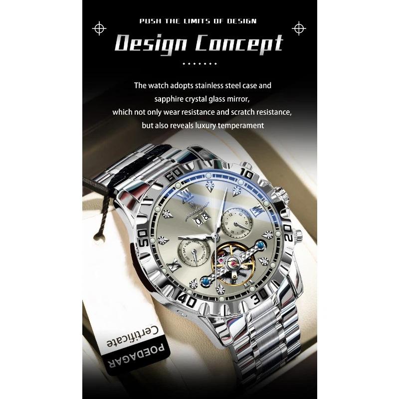 POEDAGAR Top Luxury Men Watch Automatic Date Week Man Wristwatch Hollow Tourbillon Mechanical Stainless Steel Watches