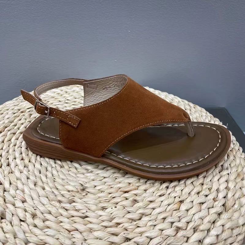 

Korean version of genuine leather women s shoes 2025 summer new retro beach casual flip-flops Roman toe flat bottom cool 35